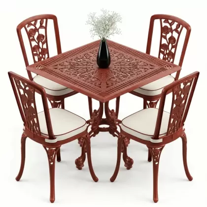 4 Kişilik alüminyum döküm masa sandalye seti, nostaljik ferforje balkon, bahçe mobilyası Renk Kiremit Kırmızısı
