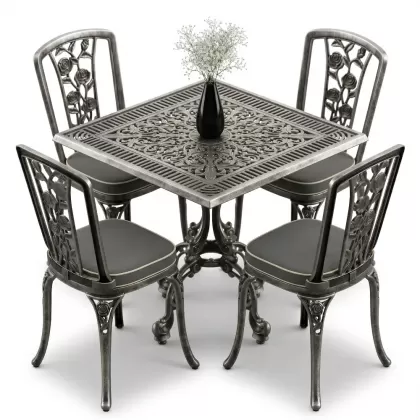 4 Kişilik alüminyum döküm masa sandalye seti, nostaljik ferforje balkon, bahçe mobilyası Renk  Gümüş Silver