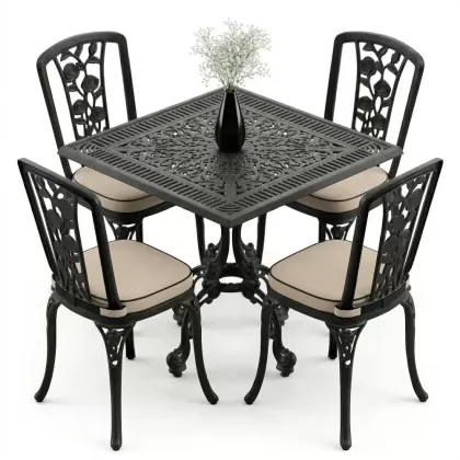 4 Kişilik alüminyum döküm masa sandalye seti, nostaljik ferforje balkon, bahçe mobilyası Renk  Siyah