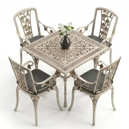 4 Kişilik alüminyum döküm masa sandalye seti, nostaljik ferforje balkon, bahçe mobilyası Renk Beyaz Eskitme