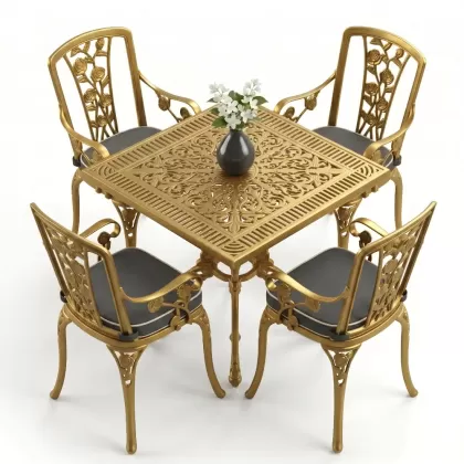 4 Kişilik alüminyum döküm masa sandalye seti, nostaljik ferforje balkon, bahçe mobilyası Renk Gold Altın