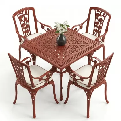 4 Kişilik alüminyum döküm masa sandalye seti, nostaljik ferforje balkon, bahçe mobilyası Renk Kiremit Kırmızısı