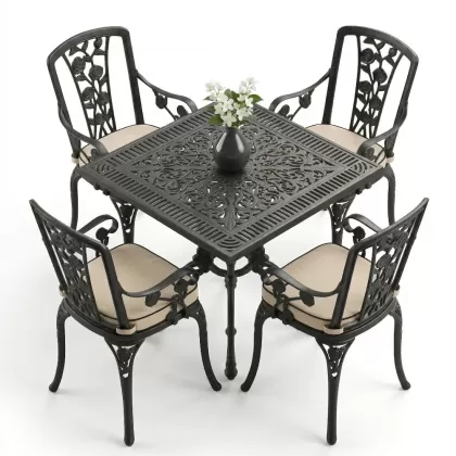 4 Kişilik alüminyum döküm masa sandalye seti, nostaljik ferforje balkon, bahçe mobilyası Renk  Siyah