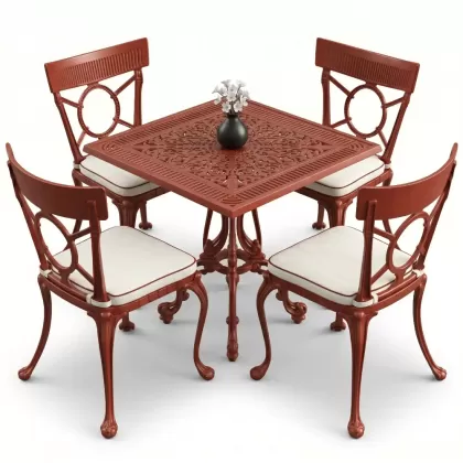 4 Kişilik alüminyum döküm masa sandalye seti, nostaljik ferforje balkon, bahçe mobilyası Renk Kiremit Kırmızısı