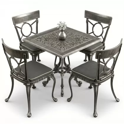 4 Kişilik alüminyum döküm masa sandalye seti, nostaljik ferforje balkon, bahçe mobilyası Renk  Gümüş Silver
