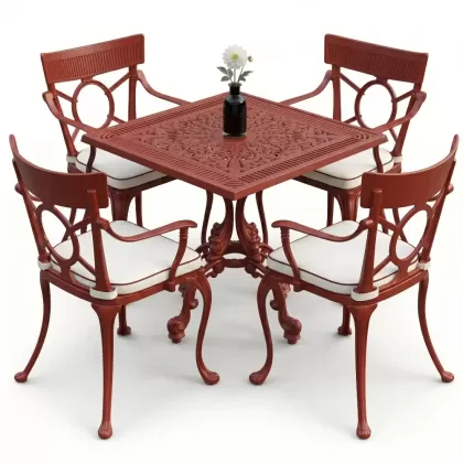 4 Kişilik alüminyum döküm masa sandalye seti, nostaljik ferforje balkon, bahçe mobilyası Renk Kiremit Kırmızısı