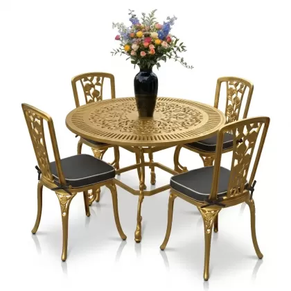 4 Kişilik alüminyum döküm masa sandalye seti, nostaljik ferforje balkon, bahçe mobilyası Renk Gold Altın