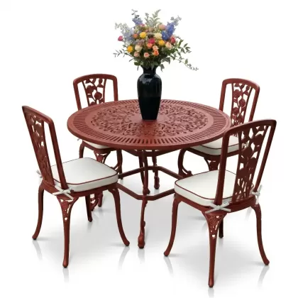 4 Kişilik alüminyum döküm masa sandalye seti, nostaljik ferforje balkon, bahçe mobilyası Renk Kiremit Kırmızısı