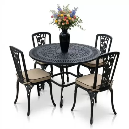 4 Kişilik alüminyum döküm masa sandalye seti, nostaljik ferforje balkon, bahçe mobilyası Renk  Siyah