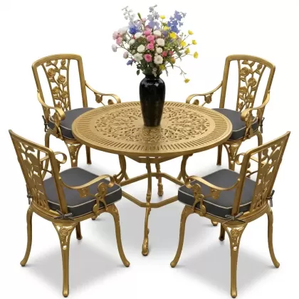4 Kişilik alüminyum döküm masa sandalye seti, nostaljik ferforje balkon, bahçe mobilyası Renk Gold Altın