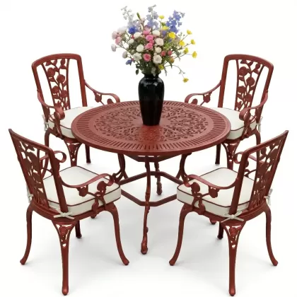 4 Kişilik alüminyum döküm masa sandalye seti, nostaljik ferforje balkon, bahçe mobilyası Renk Kiremit Kırmızısı