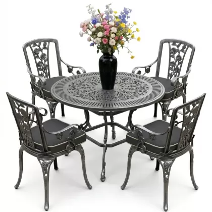 4 Kişilik alüminyum döküm masa sandalye seti, nostaljik ferforje balkon, bahçe mobilyası Renk  Gümüş Silver