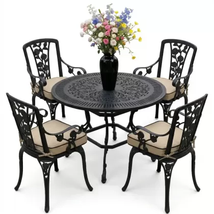 4 Kişilik alüminyum döküm masa sandalye seti, nostaljik ferforje balkon, bahçe mobilyası Renk  Siyah