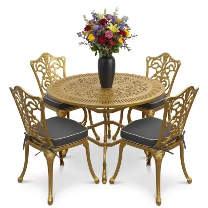 4 Kişilik alüminyum döküm masa sandalye seti, nostaljik ferforje balkon, bahçe mobilyası Renk Gold Altın
