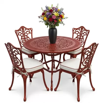 4 Kişilik alüminyum döküm masa sandalye seti, nostaljik ferforje balkon, bahçe mobilyası Renk Kiremit Kırmızısı