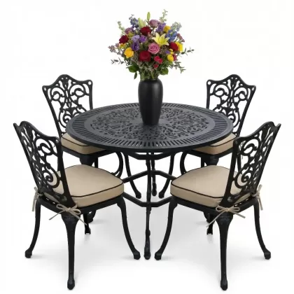 4 Kişilik alüminyum döküm masa sandalye seti, nostaljik ferforje balkon, bahçe mobilyası Renk  Siyah