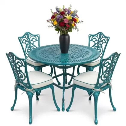 4 Kişilik alüminyum döküm masa sandalye seti, nostaljik ferforje balkon, bahçe mobilyası Renk Turkuaz