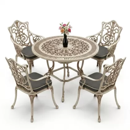 4 Kişilik alüminyum döküm masa sandalye seti, nostaljik ferforje balkon, bahçe mobilyası Renk Beyaz Eskitme