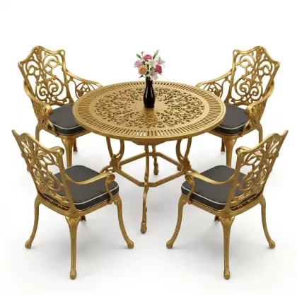 4 Kişilik alüminyum döküm masa sandalye seti, nostaljik ferforje balkon, bahçe mobilyası Renk Gold Altın