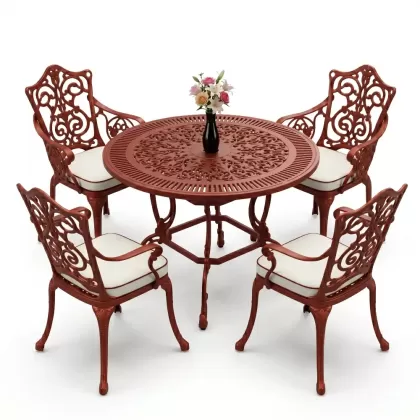 4 Kişilik alüminyum döküm masa sandalye seti, nostaljik ferforje balkon, bahçe mobilyası Renk Kiremit Kırmızısı