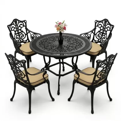 4 Kişilik alüminyum döküm masa sandalye seti, nostaljik ferforje balkon, bahçe mobilyası Renk  Siyah
