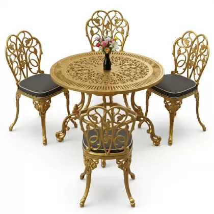 4 Kişilik alüminyum döküm masa sandalye seti, nostaljik ferforje balkon, bahçe mobilyası Renk Gold Altın