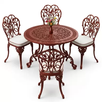 4 Kişilik alüminyum döküm masa sandalye seti, nostaljik ferforje balkon, bahçe mobilyası Renk Kiremit Kırmızısı