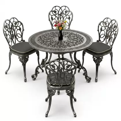 4 Kişilik alüminyum döküm masa sandalye seti, nostaljik ferforje balkon, bahçe mobilyası Renk  Gümüş Silver