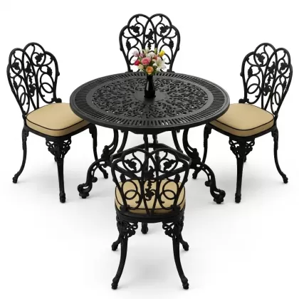 4 Kişilik alüminyum döküm masa sandalye seti, nostaljik ferforje balkon, bahçe mobilyası Renk  Siyah