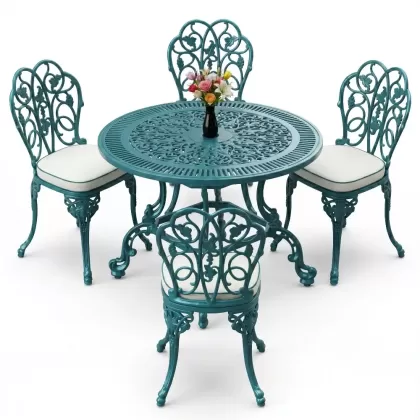 4 Kişilik alüminyum döküm masa sandalye seti, nostaljik ferforje balkon, bahçe mobilyası Renk Turkuaz