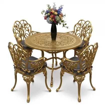 4 Kişilik alüminyum döküm masa sandalye seti, nostaljik ferforje balkon, bahçe mobilyası Renk Gold Altın