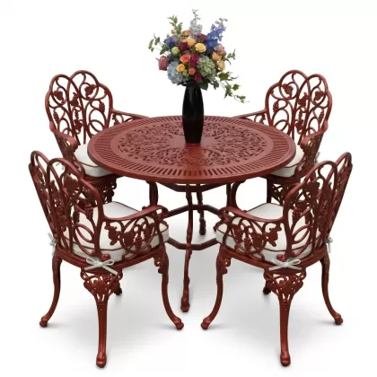 4 Kişilik alüminyum döküm masa sandalye seti, nostaljik ferforje balkon, bahçe mobilyası Renk Kiremit Kırmızısı