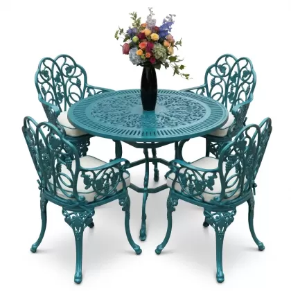 4 Kişilik alüminyum döküm masa sandalye seti, nostaljik ferforje balkon, bahçe mobilyası Renk Turkuaz