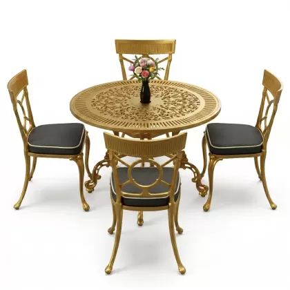 4 Kişilik alüminyum döküm masa sandalye seti, nostaljik ferforje balkon, bahçe mobilyası Renk Gold Altın