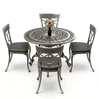 4 Kişilik alüminyum döküm masa sandalye seti, nostaljik ferforje balkon, bahçe mobilyası Renk  Gümüş Silver