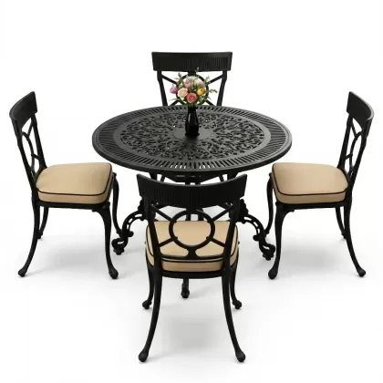 4 Kişilik alüminyum döküm masa sandalye seti, nostaljik ferforje balkon, bahçe mobilyası Renk  Siyah