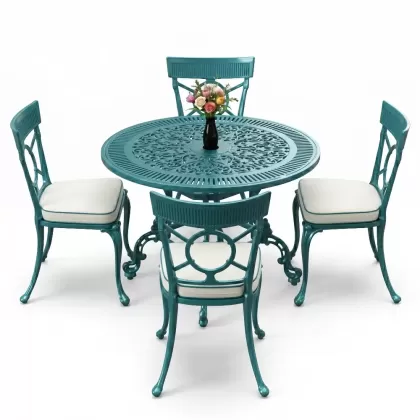 4 Kişilik alüminyum döküm masa sandalye seti, nostaljik ferforje balkon, bahçe mobilyası Renk Turkuaz