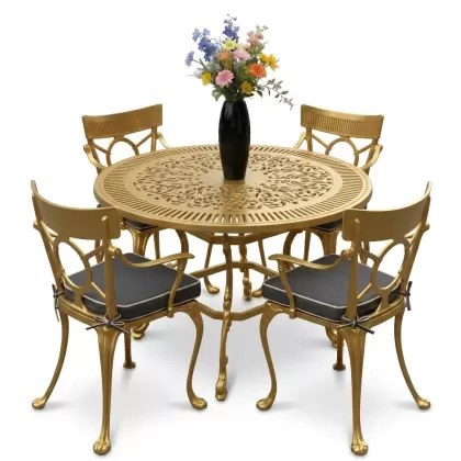 4 Kişilik alüminyum döküm masa sandalye seti, nostaljik ferforje balkon, bahçe mobilyası Renk Gold Altın