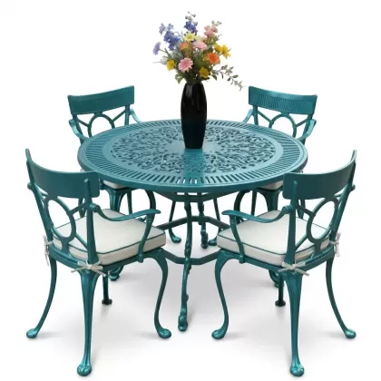 4 Kişilik alüminyum döküm masa sandalye seti, nostaljik ferforje balkon, bahçe mobilyası Renk Turkuaz