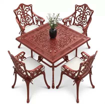 4 Kişilik alüminyum döküm masa sandalye seti, nostaljik ferforje balkon, bahçe mobilyası Renk Kiremit Kırmızısı