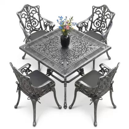 4 Kişilik alüminyum döküm masa sandalye seti, nostaljik ferforje balkon, bahçe mobilyası Renk  Gümüş Silver