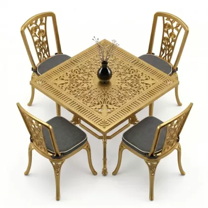 4 Kişilik alüminyum döküm masa sandalye seti, nostaljik ferforje balkon, bahçe mobilyası Renk Gold Altın