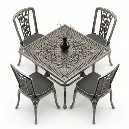 4 Kişilik alüminyum döküm masa sandalye seti, nostaljik ferforje balkon, bahçe mobilyası Renk  Gümüş Silver