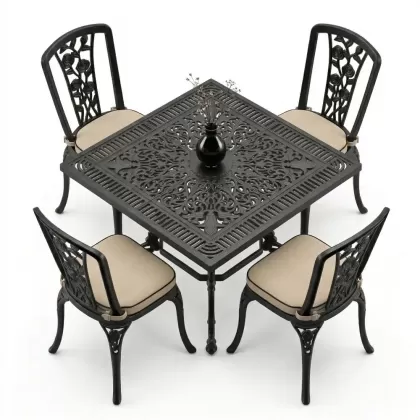 4 Kişilik alüminyum döküm masa sandalye seti, nostaljik ferforje balkon, bahçe mobilyası Renk  Siyah