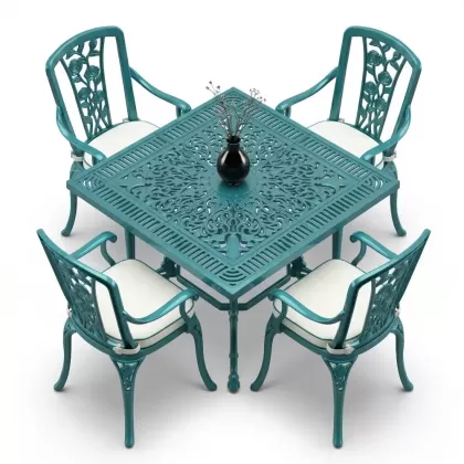 4 Kişilik alüminyum döküm masa sandalye seti, nostaljik ferforje balkon, bahçe mobilyası Renk Turkuaz