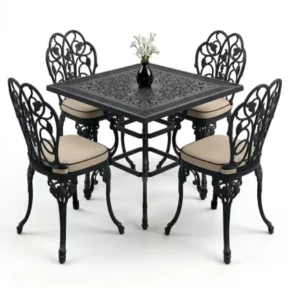 4 Kişilik alüminyum döküm masa sandalye seti, nostaljik ferforje balkon, bahçe mobilyası Renk  Siyah