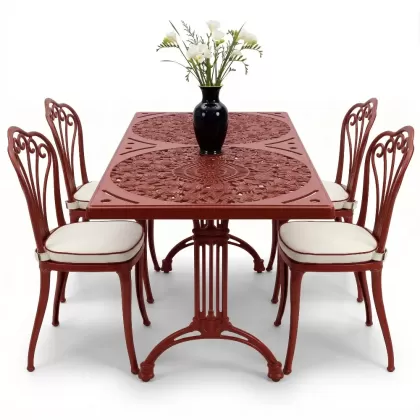 4 Kişilik alüminyum döküm masa sandalye seti, nostaljik ferforje balkon, bahçe mobilyası Renk Kiremit Kırmızısı