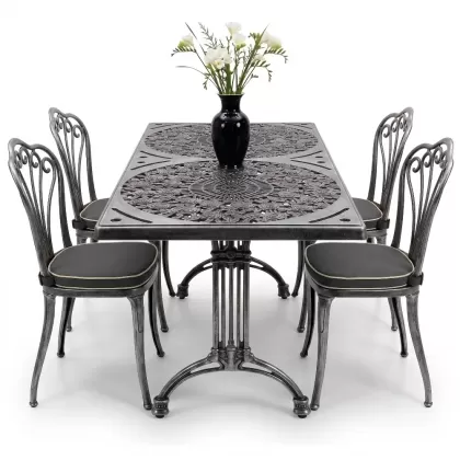 4 Kişilik alüminyum döküm masa sandalye seti, nostaljik ferforje balkon, bahçe mobilyası Renk  Gümüş Silver