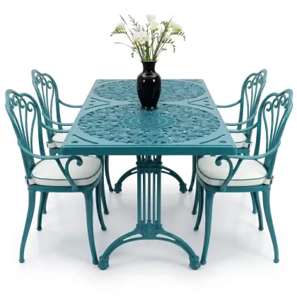 4 Kişilik alüminyum döküm masa sandalye seti, nostaljik ferforje balkon, bahçe mobilyası Renk Turkuaz