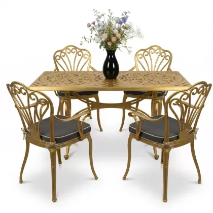 4 Kişilik alüminyum döküm masa sandalye seti, nostaljik ferforje balkon, bahçe mobilyası Renk Gold Altın